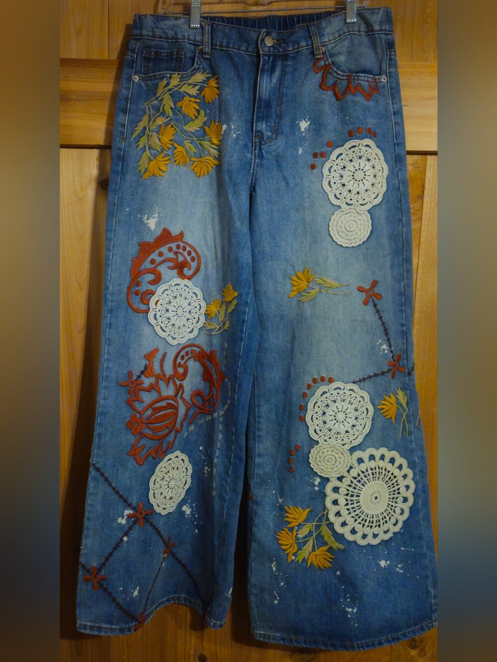FUNKY STEACH Denim Wide Leg Jeans with  Floral Embroidery & Applique - Picture 3 of 5